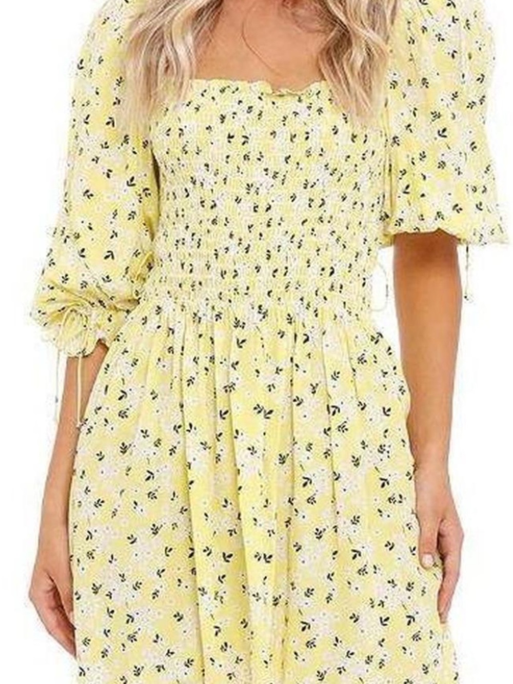 For Love & Lemons Yellow Floral Smocked Midi Dress with Puff Sleeves